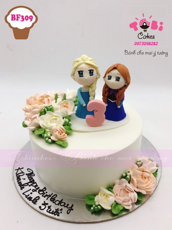 [BF309] BÁNH SINH NHẬT TRANG TRÍ HOA KEM TẠO HÌNH FONDANT ELSA ANNA